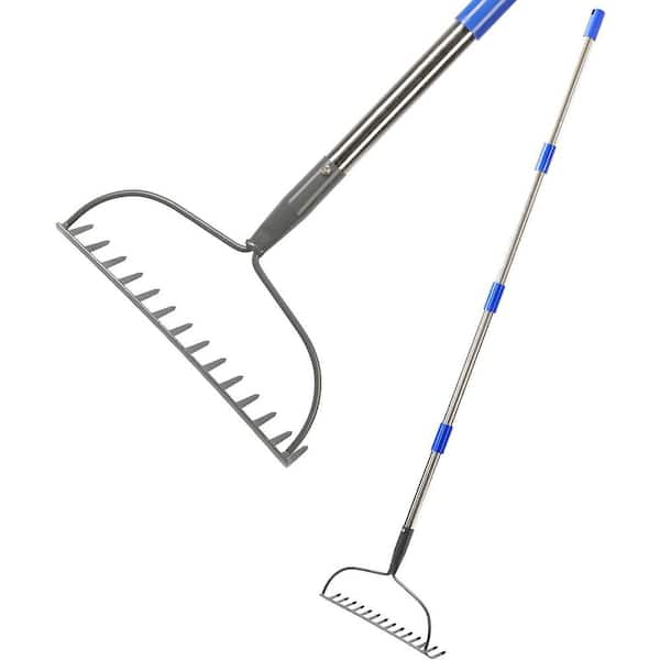 EVEAGE 60 in. Heavy Duty Stainless Steel Handle 14-Tine Adjustable Thatch Rake
