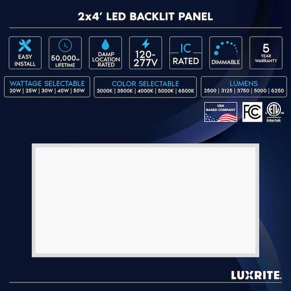 50-Watt 2 x 4 ft. Integrated LED Backlit Panel Light, 3000K-6500K, 2500-6250LM, Dimmable, DLC Premium, ETL Listed 2-Pack