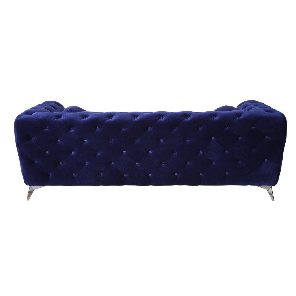 Elegant Blue Velvet Tufted Sofa with Chrome Legs, 86 in