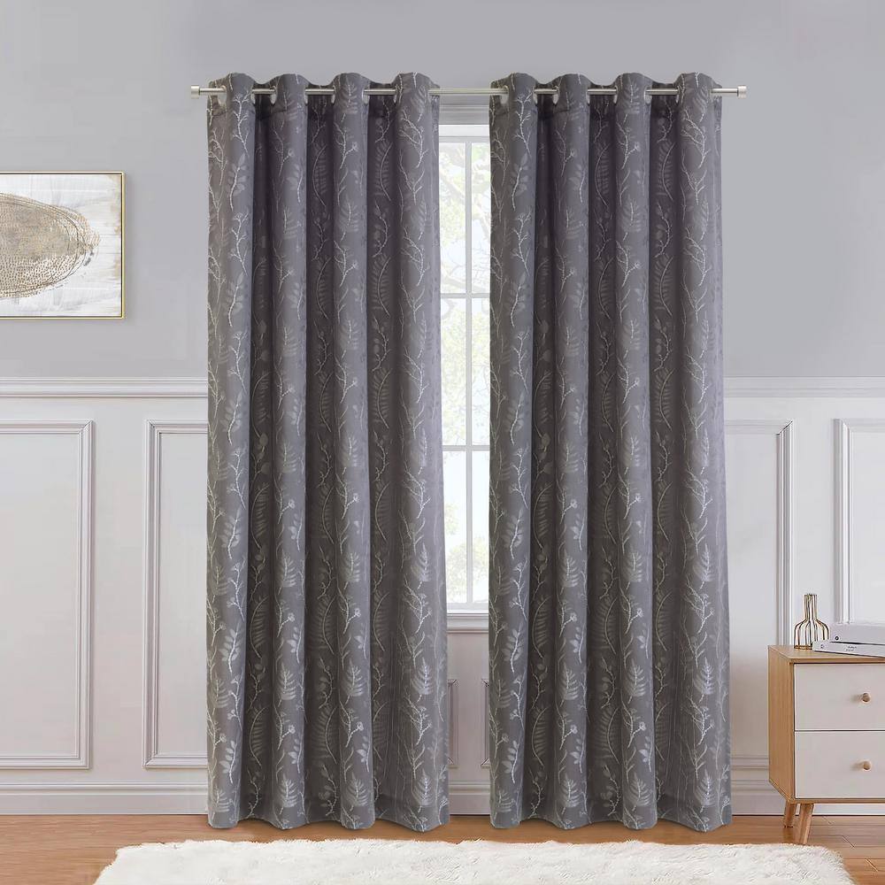 Silver Botanical Jacquard Light-Filtering Grommet Curtain Panel 52" x 95"