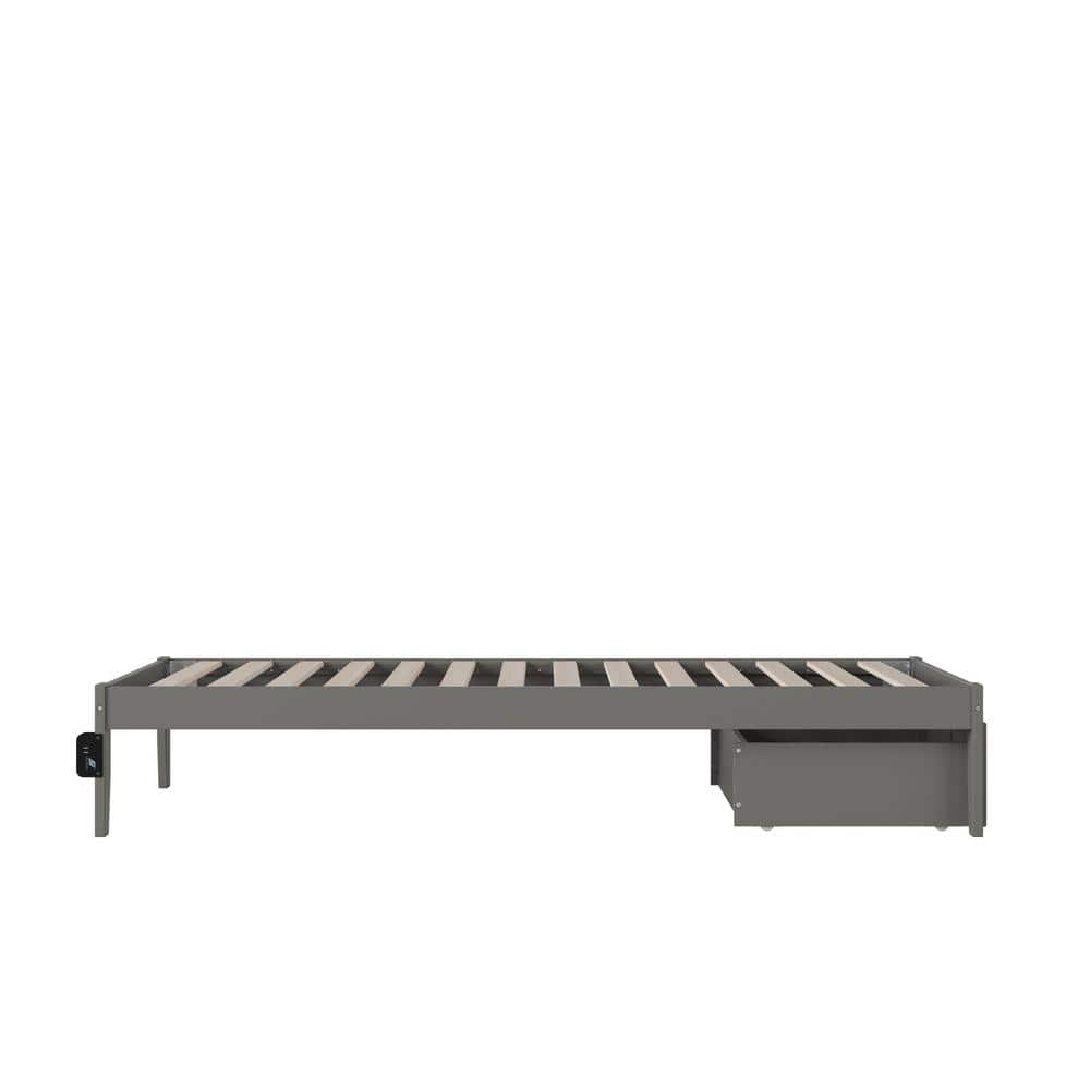 Grey Twin XL Wood Platform Bed with Storage Drawer and USB Charger