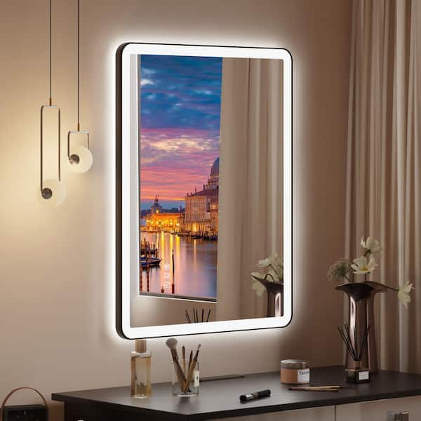 28 in. W x 36 in. H Rectangular Framed Premium Aluminum LED Wall Mounted Bathroom Vanity Mirror in Color Black