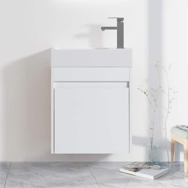 ANGELES HOME 18.1 in. W x 10.2 in. D x 22.8 in. H Floating Wall Bath Vanity in White with Resin Single Sink and Top, Soft Close Door