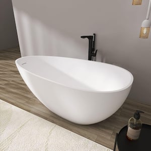Foyil 59 in. Stone Resin Flatbottom Solid Surface Freestanding Double Slipper Soaking Bathtub in White with Brass Drain