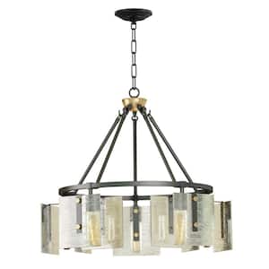 5-Light Black and Antique Gold Chandelier with Verre Strie Glass