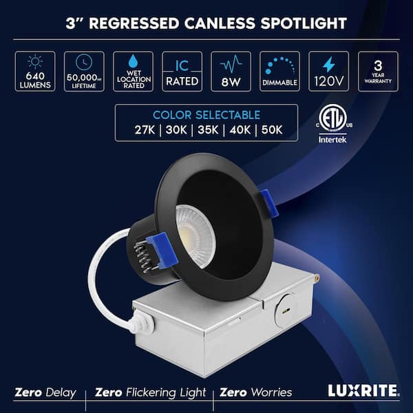 3 in. Integrated LED Recessed Light J-Box 8W 5CCT 640 Lumens Dimmable Canless Downlight Wet Rated ETL Listed Black