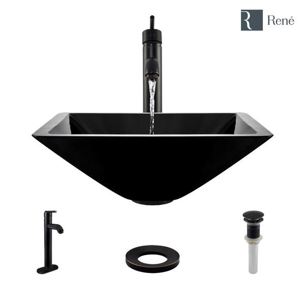 Rene Glass Vessel Sink in Noir with R9-7001 Faucet and Pop-Up Drain in  Antique Bronze R5-5003-NOR-R9-7001-ABR