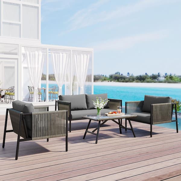 Nestfair 4--Piece Metal Frame Patio Conversation Set with Toughened Glass Table and Gray Cushions