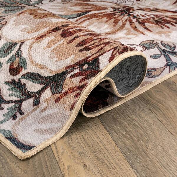 Botanical Bloom Coastal Machine Washable Polyester Non-Slip Backing 2 ft. x 10 ft. Cream Area Rug