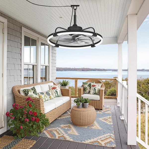 24 in. Outdoor Wet-Rated Waterproof Black 6-Speed Dimmable LED Clip Mount Standard Ceiling Fan with Lights APP Remote