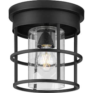 Burgess Collection 9 in. 1-Light Matte Black Modern Farmhouse Flush Mount with a Clear Seeded Glass Shade