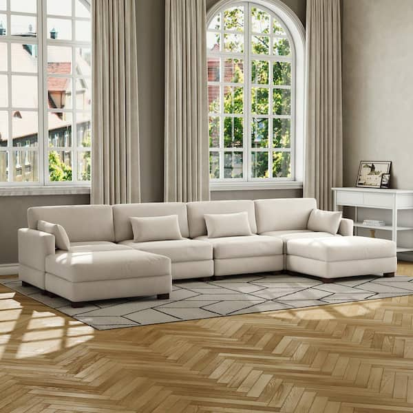 160 in. Square Arm 6-piece Corduroy Upholstered U-Shaped Sectional Sofa in Sea Salt Gray