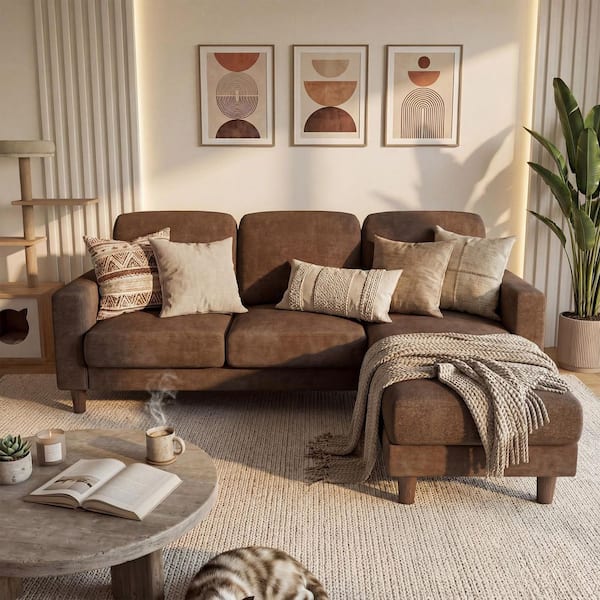 L-Shaped Sofa 72 in. Square Arm 1-Piece Linen Sectional Sofa with a Movable Chair as a Footstool, Brown