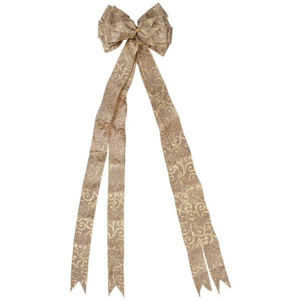 48in. x 10in. Burlap and Gold Scroll 16 Loop Christmas Bow Decoration
