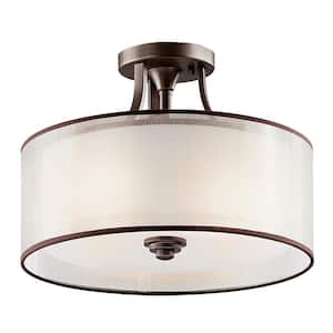 Lacey 15 in. 3-Light Mission Bronze Hallway Transitional Semi-Flush Mount Ceiling Light with Organza Shade