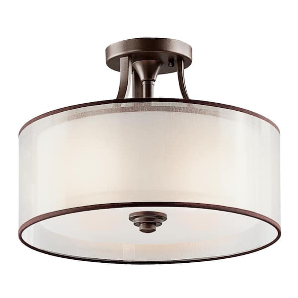 KICHLER Lacey 15 in. 3-Light Mission Bronze Hallway Transitional Semi-Flush  Mount Ceiling Light with Organza Shade 42386MIZ - The Home Depot