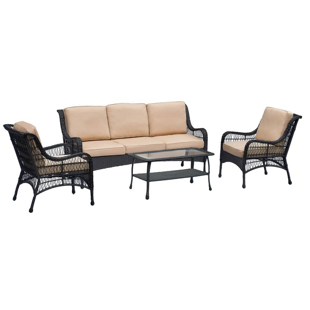 6-Piece Metal Patio Conversation Set with khaki Cushions Hand Woven Rattan 