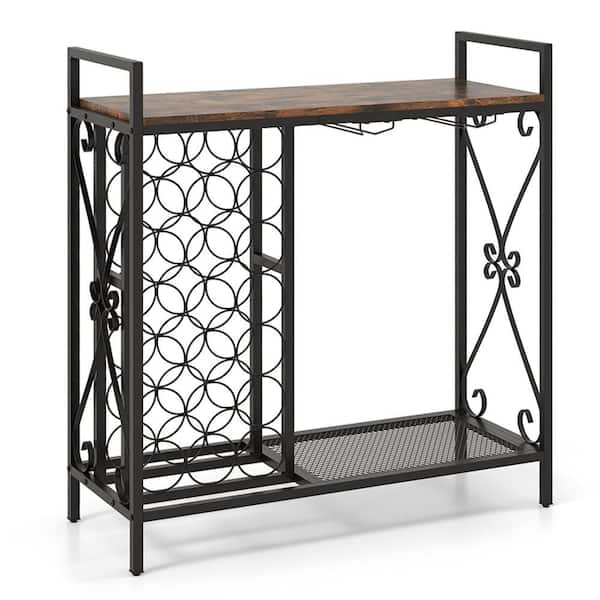 21-Bottle Freestanding Floor Wine Rack, Wooden Coffee Bar Table w/ Wine Storage Brown