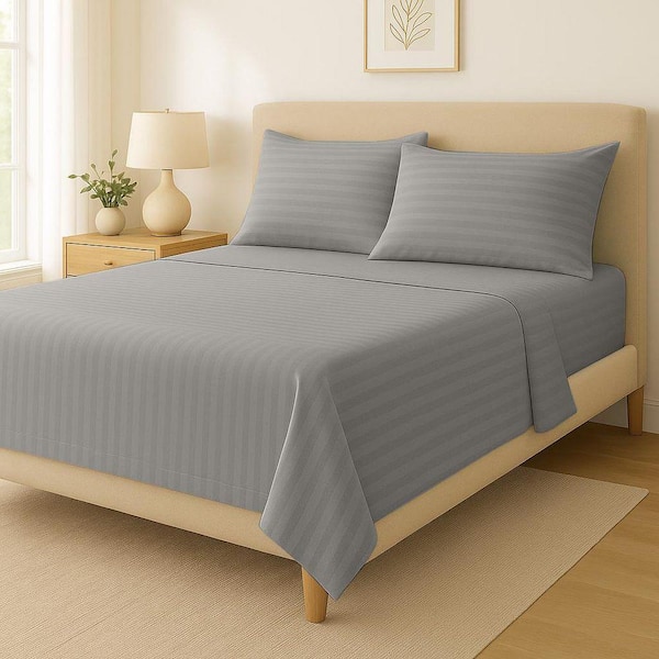 800 Thread Count 4 Piece Gray Striped 100% Cotton Queen Deep Pocket Sheet Set