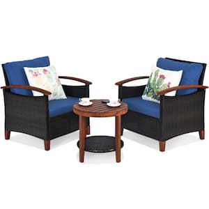 3-Piece Wicker Patio Conversation Set Sofa Set with Blue Washable Cushions and Acacia Wood Tabletop