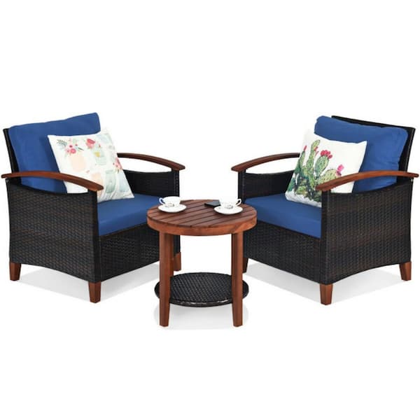 Clihome 3-Piece Wicker Patio Conversation Set Sofa Set with Blue Washable Cushions and Acacia Wood Tabletop