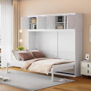 White Wood Frame Queen Size Murphy Bed with 5 Top Storage Cabinets