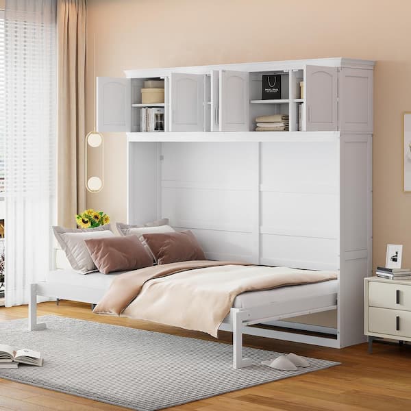 Harper & Bright Designs White Wood Frame Queen Size Murphy Bed with 5 Top Storage Cabinets