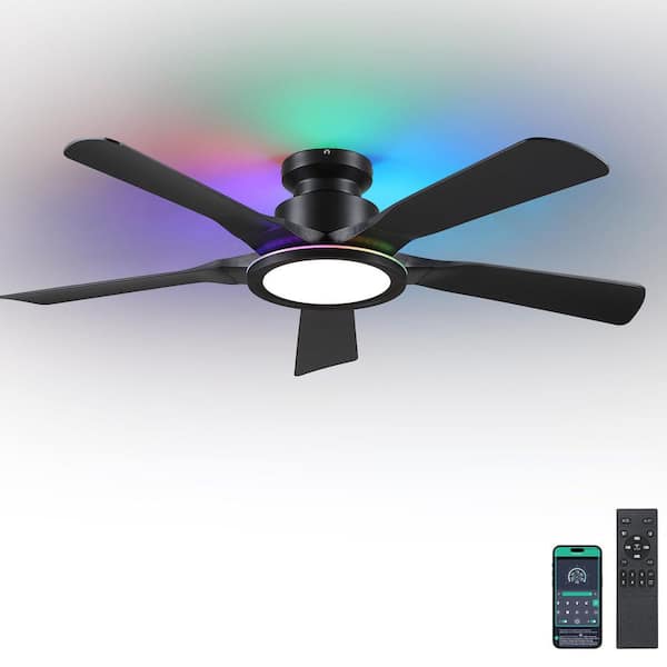 Kviflon 52 in. Indoor/Outdoor Modern Black 6-Speed Ceiling Fan with RGB Color LED Light and Remote/APP Control