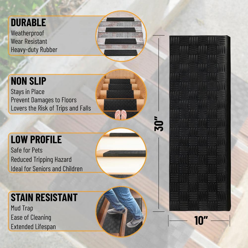 Black Rubber Non-Slip Indoor Outdoor Stair Treads, Set of 5