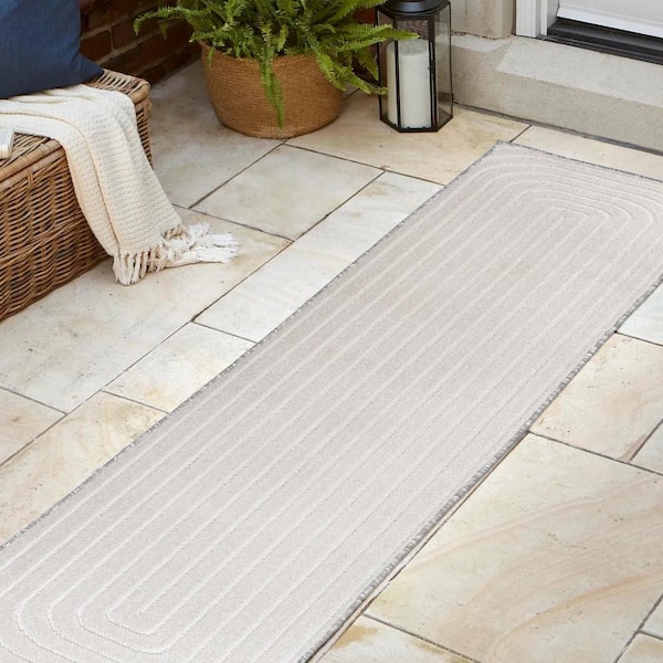JONATHAN Y Freya High-Low Modern Scandinavian Arch Stripe Monotone Ivory 2 ft. x 8 ft. Indoor/Outdoor Runner Rug