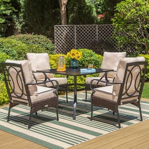 5-Piece Metal Patio Outdoor Dining Set with Black Slat Square Table and Stationary Chairs with Beige Cushions
