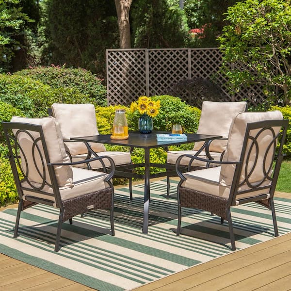 PHI VILLA 5-Piece Metal Patio Outdoor Dining Set with Black Slat Square ...