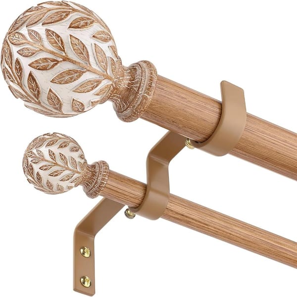 White Wood 36–184 Inch Double Curtain Rod, Heavy Duty Dual Layer Rod with Leaf Finials