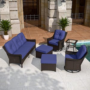 Brown Rattan Wicker 6-Piece Outdoor Patio Conversation Set with Swivel Rocking Chairs, Table, and Blue Cushions