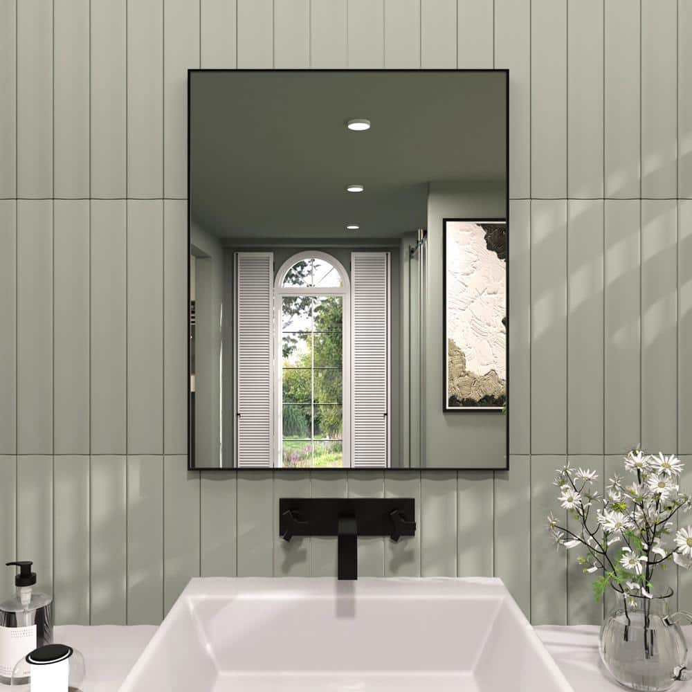 TaiMei Jem 24 in. W x 30 in. H Rectangular Framed Wall Bathroom Vanity Mirror in Matte Black ...
