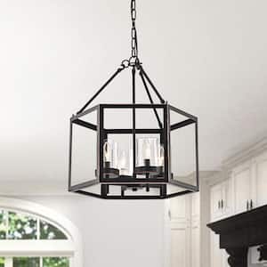 Renzo 4-Light Oil Rubbed Bronze Geometric Hexagon Lantern Cage Chandelier with Clear Glass Shade