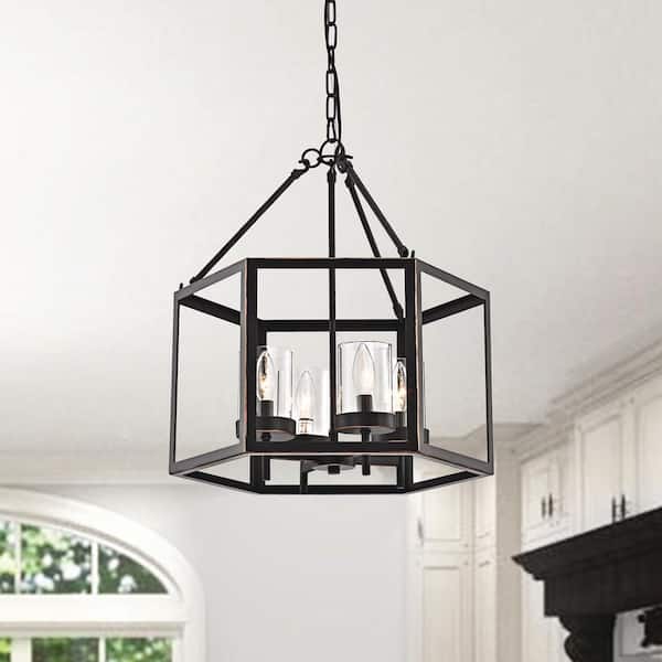 Renzo 4-Light Oil Rubbed Bronze Geometric Hexagon Lantern Cage Chandelier with Clear Glass Shade