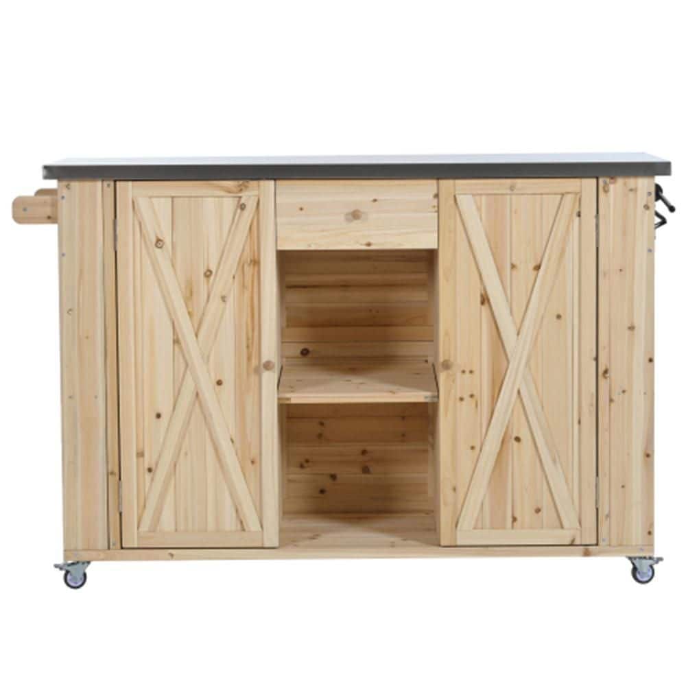 Outdoor Stainless Steel Top 52.25 in. Kitchen Island Natural Fir with Ample