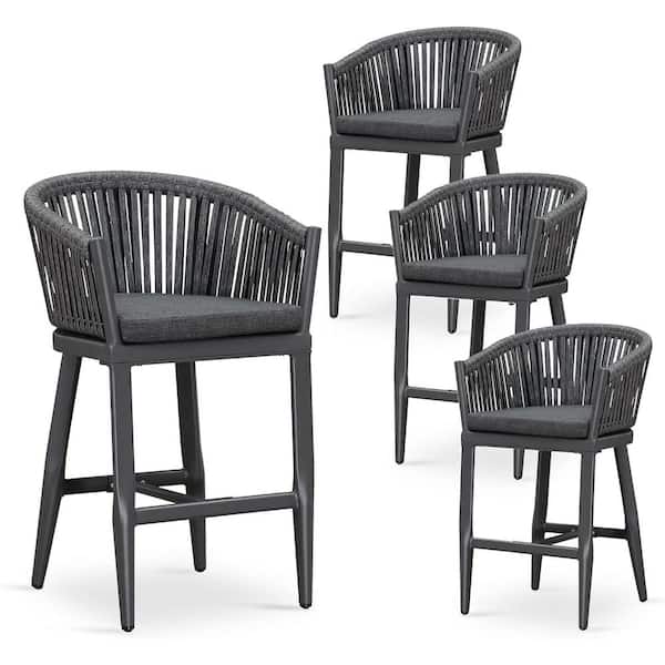 Modern Aluminum PE Rattan Counter Height Outdoor Bar Stool with Back and Grey Cushion (4-Pack)