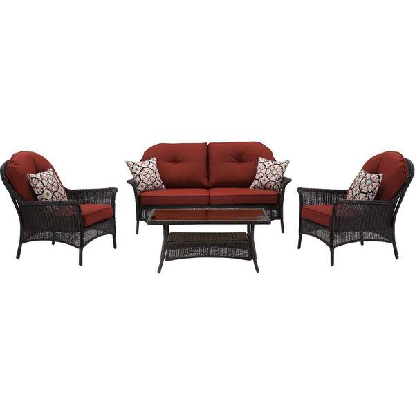 Hanover San Marino 4-Piece All-Weather Wicker Patio Seating Set with Crimson Red Cushions