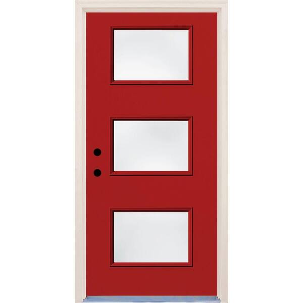 Builders Choice 36 in. x 80 in. Right-Hand Engine 3 Lite Clear Glass Painted Fiberglass Prehung Front Door with Brickmould