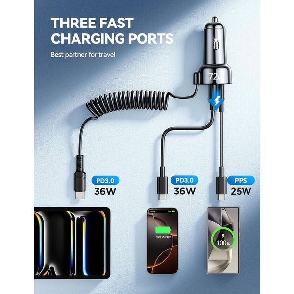thumbnail image 2 of 36W Fast Car Charger – USB-C, Coiled Type-C Cable, 2-Port, Black, 3ft, GenericR8Z 2 of 4