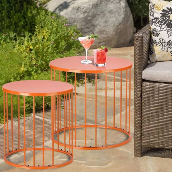 MOEPISY Outdoor Side Table Set of 2, Metal Circle Accent End Tables Durable Orange Nesting Coffee Tables