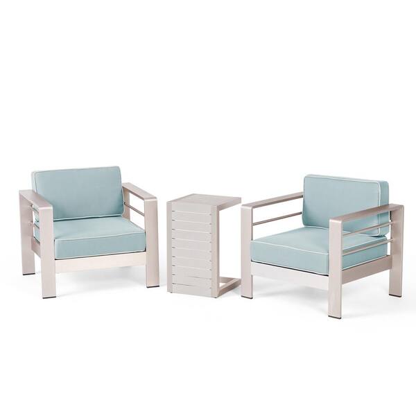 Noble House Cape Coral Silver 3-Piece Aluminum Patio Conversation Seating Set with Light Teal and White Corded Cushions