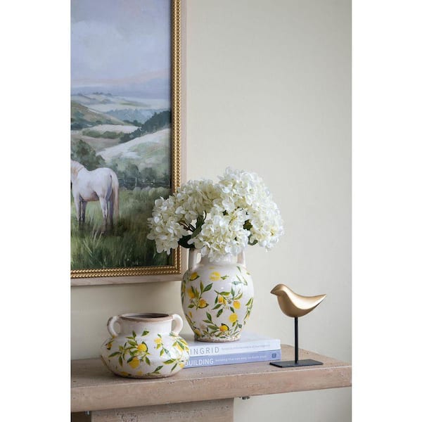 9 in. White Ceramic Pitcher Decorative Vase 1 PC with Yellow Lemon