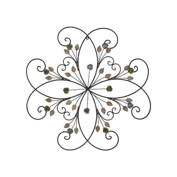 24 in. x 24 in. Black Metal Outdoor Flower Scroll 3D Wall Sculpture