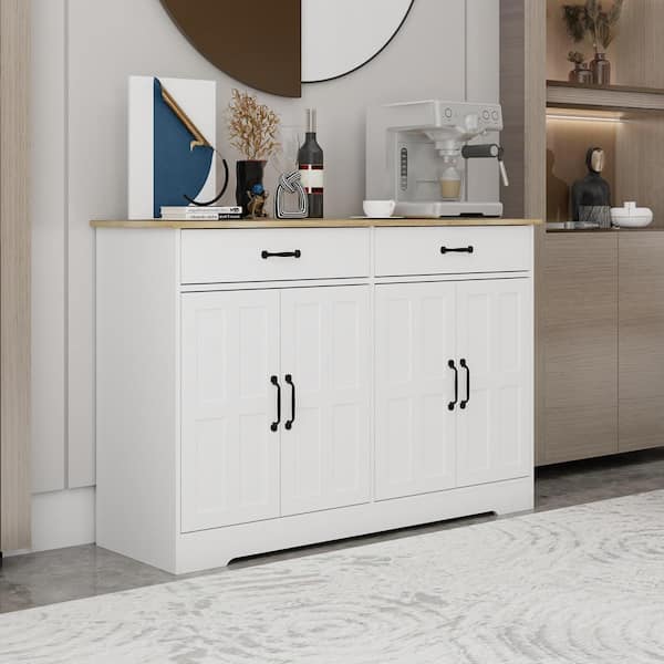 Nestfair White and Natural Wood 47.95 in. Sideboard Buffet with Drawers and Doors