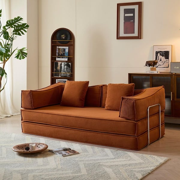 78.7 in. W Square Arm Corduroy Fabric Rectangle Convertible Sofa in Caramel