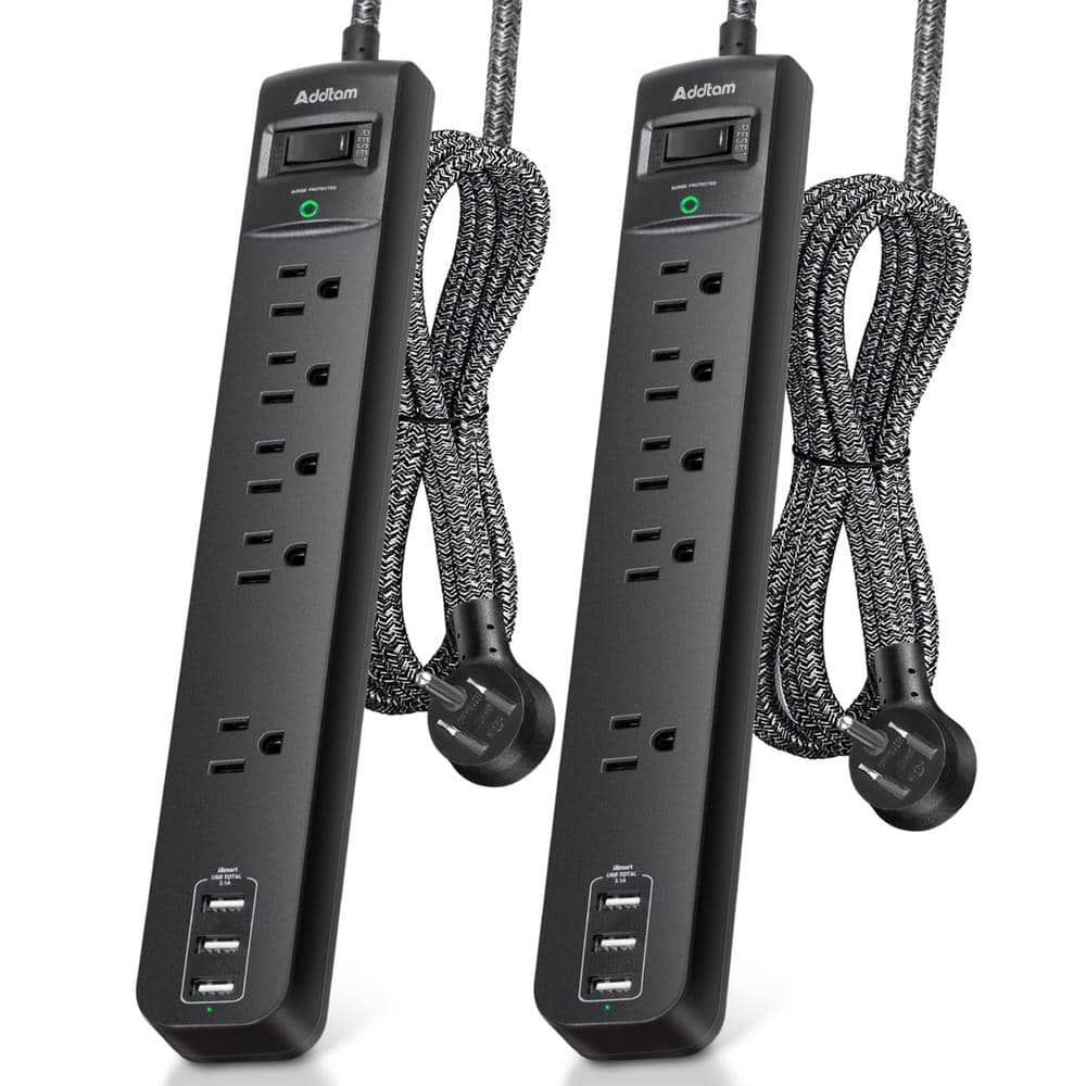Black 6-Foot 5-Outlet Power Strip with USB Ports, 2-Pack