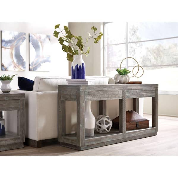 Benjara 17 in. Gray Rectangle Wood Top Console Table with Flattened Base